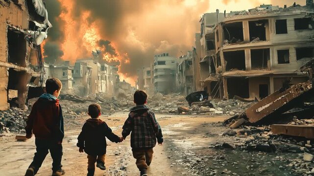 Children walking on the ruins of a bombed city