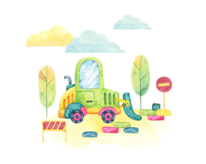 Green bulldozer navigating a small construction site with signs and barriers. Vehicle toy Watercolor clipart for use in children's educational materials, party supplies, or toy product packaging
