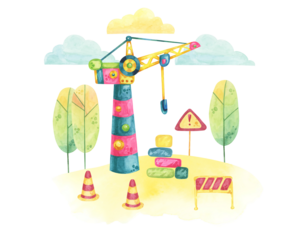 Colorful tower crane set in a construction site with barriers, road signs, and trees. Vehicle toy Watercolor clipart for use in construction project illustrations, children's storybooks, or posters