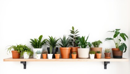 Fototapeta premium Plants on a wooden shelf against white wall.