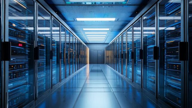Data center, camera traveling through an aisle surrounded by servers