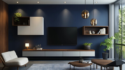 A modern living room with a dark blue wall and a TV cabinet.