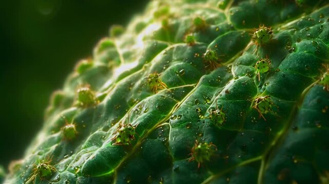 Green aphids cover the surface of a vibrant leaf in daylight. The leaf's detailed texture and veins are prominently visible, creating a strong contrast with the aphids. The mood is natural and serene.