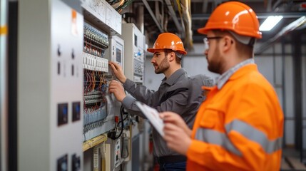 Safety Audit of Electrical Equipment Installation: Generate a photo realistic image of auditors inspecting electrical equipment installation for safety compliance, with wiring inspection