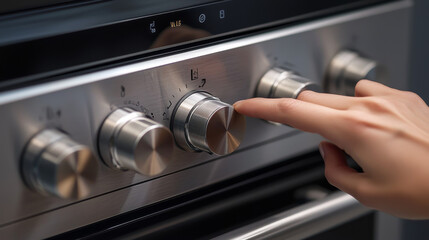 Obraz premium A person's hand adjusts a knob on a new oven made of stainless steel, probably to set the temperature or cooking mode.
