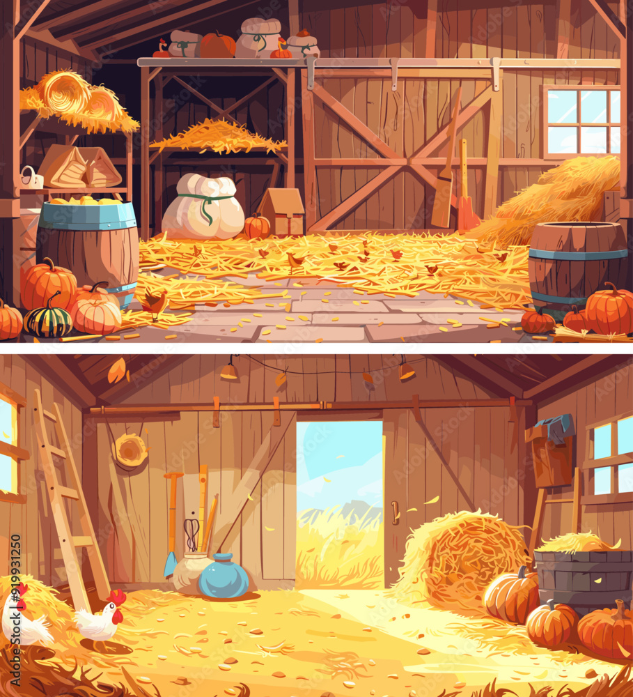 Sticker chickens farm cartoon vector scenes. barnyard straw bales hay pumpkin sacks ladder nests window plan