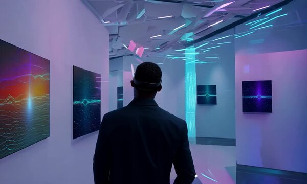 Vertical zoom shot of African American man in VR glasses trying to touch unseen objects while observing art gallery exhibition in virtual reality