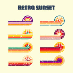 Grunge horizontal vintage sunsets. Various colorful striped sunrise badges in 80s and 90s style. Sun and ocean view, summer vibes, surfing. Design element, print, logo or t-shirt. Vector illustration