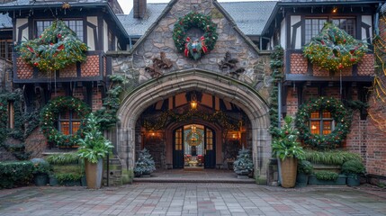 Obraz premium Welcome guests to your home with a grand entrance adorned with elegant garlands, twinkling lights, and a stunning display of