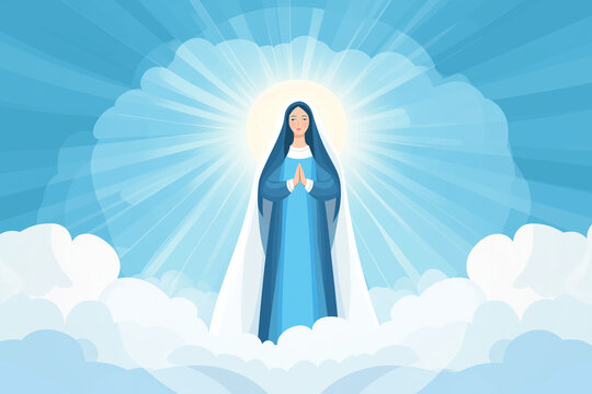Illustration of Virgin Mary ascending to heaven on clouds