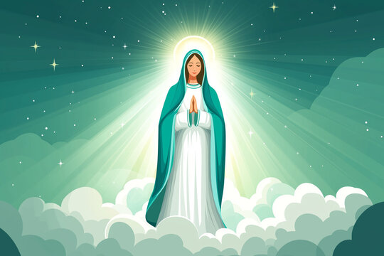 Virgin Mary ascending to heaven on clouds