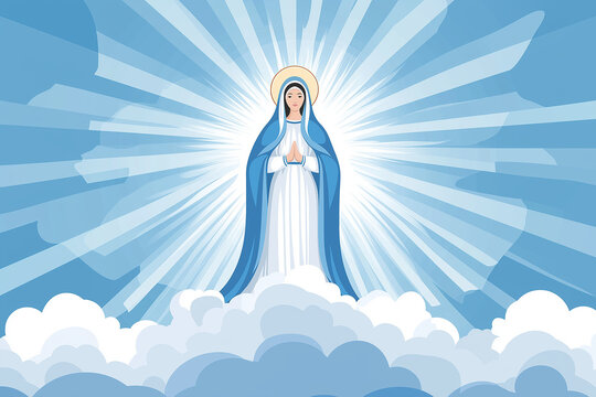 Illustration of Virgin Mary ascending to heaven on clouds