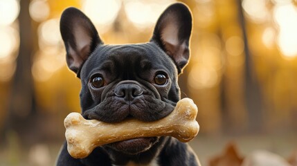 Fototapeta premium A close-up of a French Bulldog holding a bone in its mouth, showcasing its playful and determined nature against a warm, autumnal background