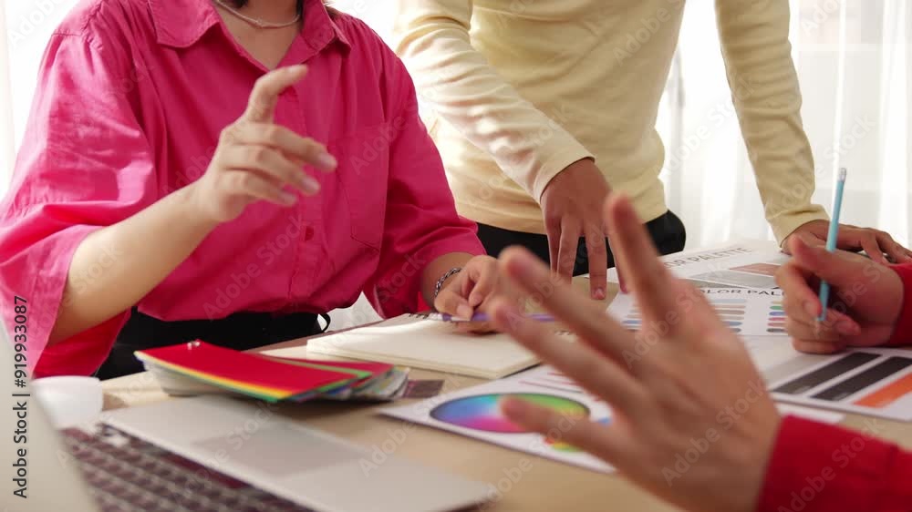 Aufkleber hand closeup of designer team brainstorming and choosing color for graphic design working or client 