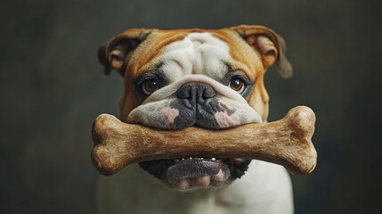 A red-and-white English bulldog with a large bone in its mouth, with a serious expression on its muzzle on a dark background