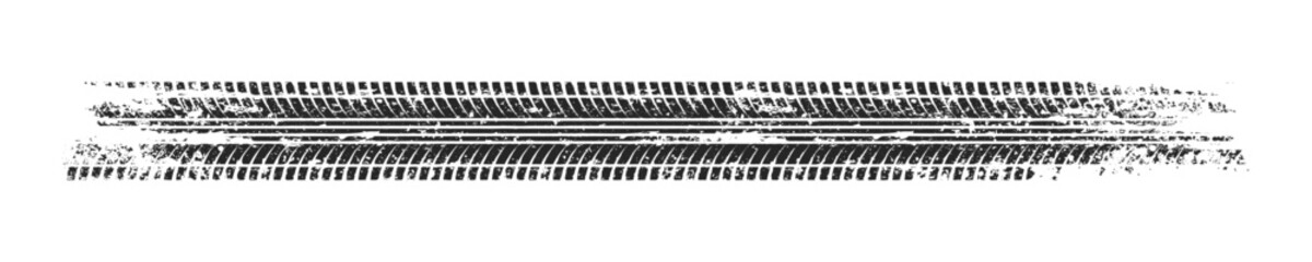 Grunge tire track, wheel braking marks. Truck, car or motorcycle tread pattern silhouette. Auto race, motorsport, speed racing design element. Vector illustration