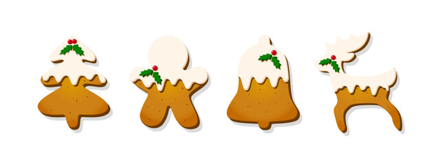 Christmas Gingerbread Cookie. Set of winter sweet glazed biscuits in the form of different characters and holiday items isolated on white background. Cute Cartoon vector illustration