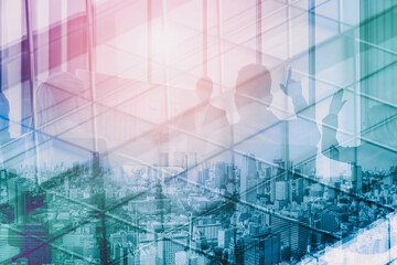 Double exposure image of faded business abstract background with office building and people...