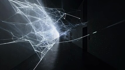 Abstract light installation featuring intricate white laser beams in a dark room. The beams intersect to create complex patterns, evoking a futuristic and technological atmosphere. Captured at night,