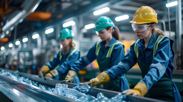 Factory workers sorting plastic bottles in a modern recycling facility