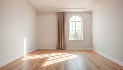 Obraz premium Empty Room with Arched Window and Hardwood Floor.