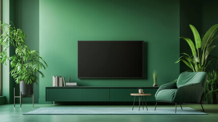 Modern and minimalist TV cabinet with a sleek design in a vibrant green living room.