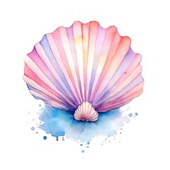Marine colourfull sea shell watercolor illustration, marine animals clipart