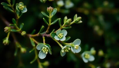 Close-up of Delicate White Flowers on a Green Branch.