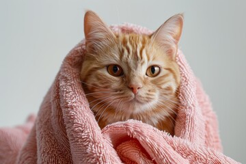 A cute ginger cat comfortably wrapped in a pink towel, staring curiously, offering a warm and cozy sight on a light background.