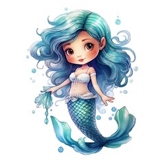 Marine cute mermaid watercolor illustration, marine animals clipart