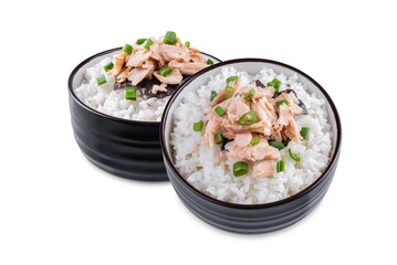 Rice bowl with salmon flakes, nori and scallion on a white isolated background
