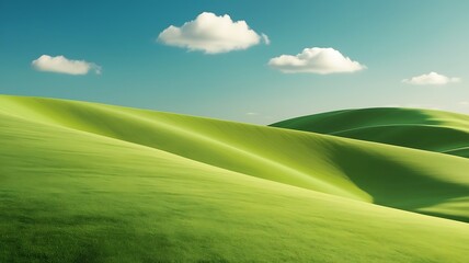 Serene and expansive green hill slopes stretching towards the horizon, with gentle curves and soft, rolling waves of emerald grass,