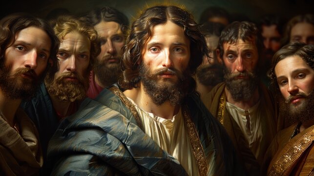 Holy tableau: a portrait of Jesus Christ and his 12 apostles, unity and devotion among the followers, profound teachings and enduring legacy of their spiritual journey together.