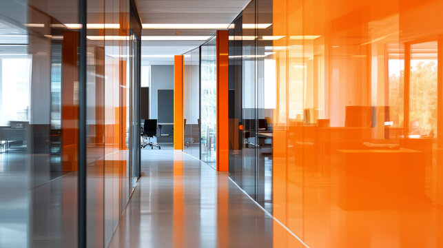 Modern office with glass walls and orange touches. The background is blurry and mostly gray.