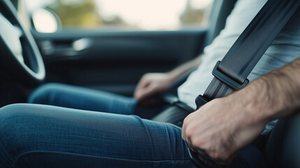 portrait of person and black seat belt buckle clicked into place on a driver's seat, demonstrating commitment to safety and legal regulations in a car interior. Perfect for promoti