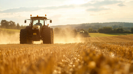 Obraz premium Tractor operating in the sunny fields, showcasing the farming industry in action during a summer day. Perfect for illustrating rural countryside work, crop harvesting, and agricult