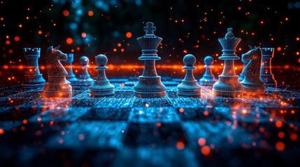 A digital chessboard with holographic pieces symbolizing AI in business strategy.