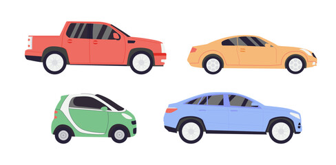 Fototapeta premium Various Cars or vehicles. Different types of cars: sedan, SUV, pickup, coupe, hatchback, retro car. Automobile, motor