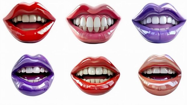 Collection showcases vibrant lips in multiple colors, highlighting their unique shapes and expressions. Each set of lips reveals different hues and glossy finishes, creating an artistic representation