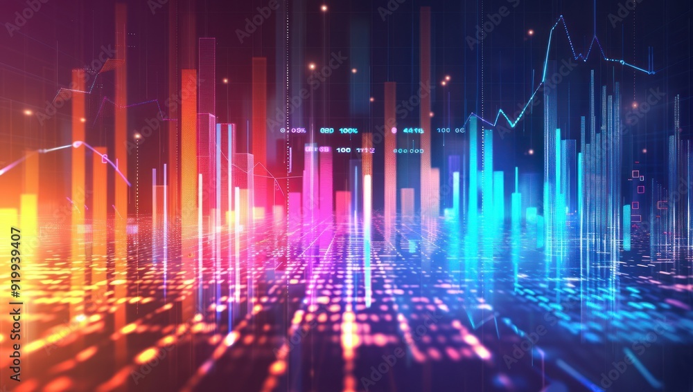 Poster abstract digital illustration of a city skyline with glowing lines and numbers, symbolizing data and