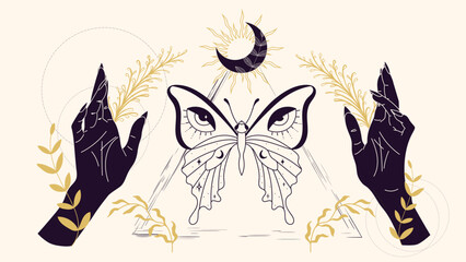 silhouette of hands holding sun, moon, branch. butterfly with eyes shape on wings in center. esoteric poster