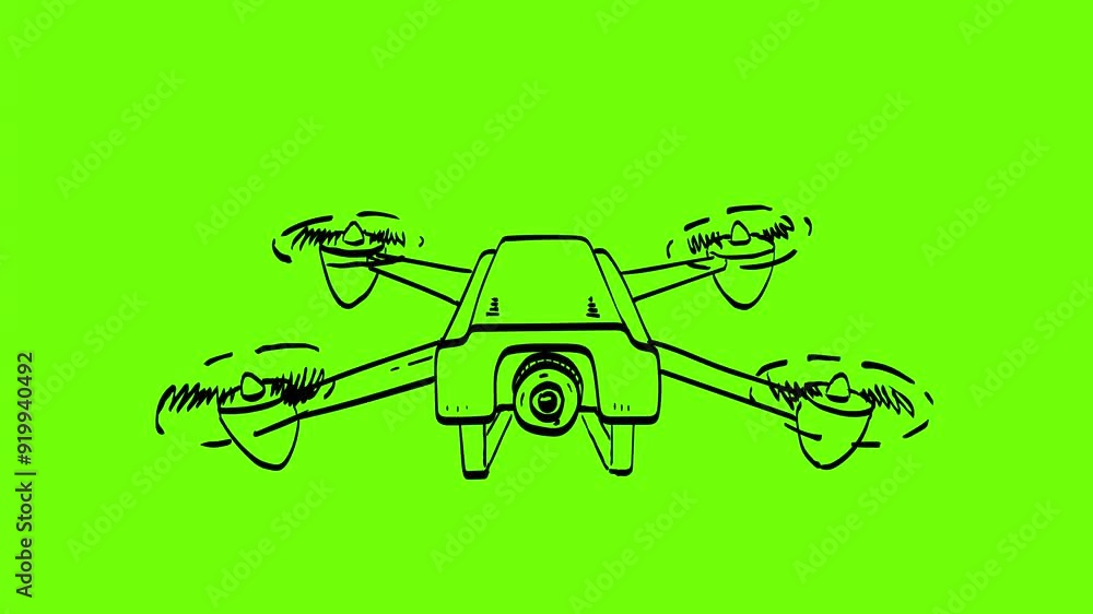 Poster 2d animation motion graphics showing a drawing of a drone with camera flying viewed from front on wh