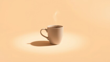 Obraz premium White Mug of Coffee with Steam on a Beige Background.