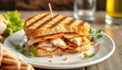 Grilled Chicken and Cheese Sandwich on a White Plate.