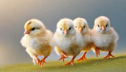 ４羽のひよこが芝生の上を駆けている