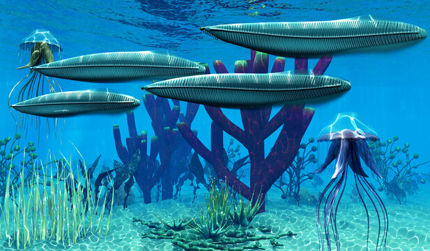 Undersea Cambrian Animals - Pikaia was an arthropod predatory animal that lived in the seas of the Cambrian Age of British Columbia.