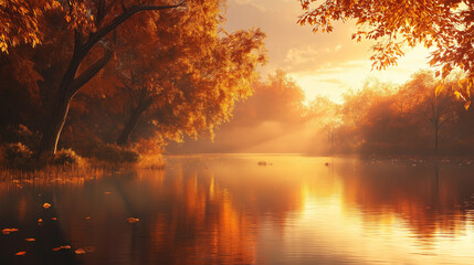 Serene autumn sunset over a tranquil river surrounded by golden foliage. Autumn background, landscape, postcard, web wallpaper