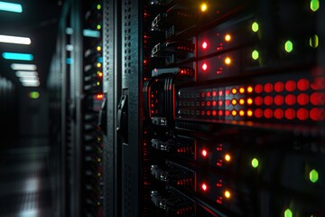 Naklejka premium This cuttingedge, modern data center boasts server racks that come equipped with vibrant and colorful LED indicators