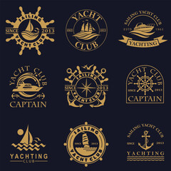 collection of golden yacht club icons isolated on black background