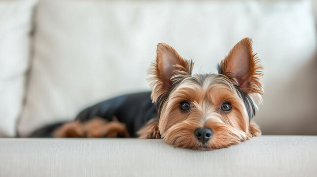 TheYorkshire terrier scurries through the living room, its ears perked up in alert as it searches each corner, confused and worried about where its owner might be. The image emphas